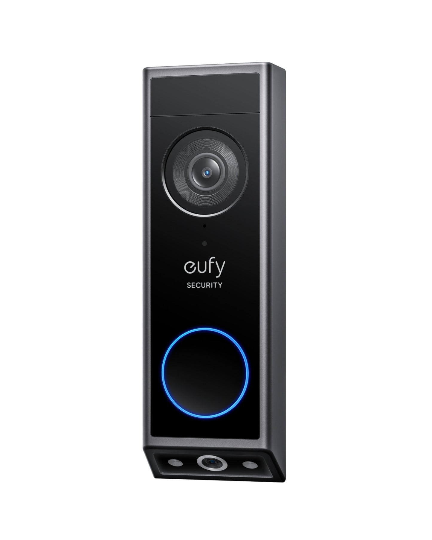 Eufy E340 Dørklokkesæt sort videodørklokke med AI-genkendelse, topkamera, Eufy Security-logo og blå belyst knap nederst.