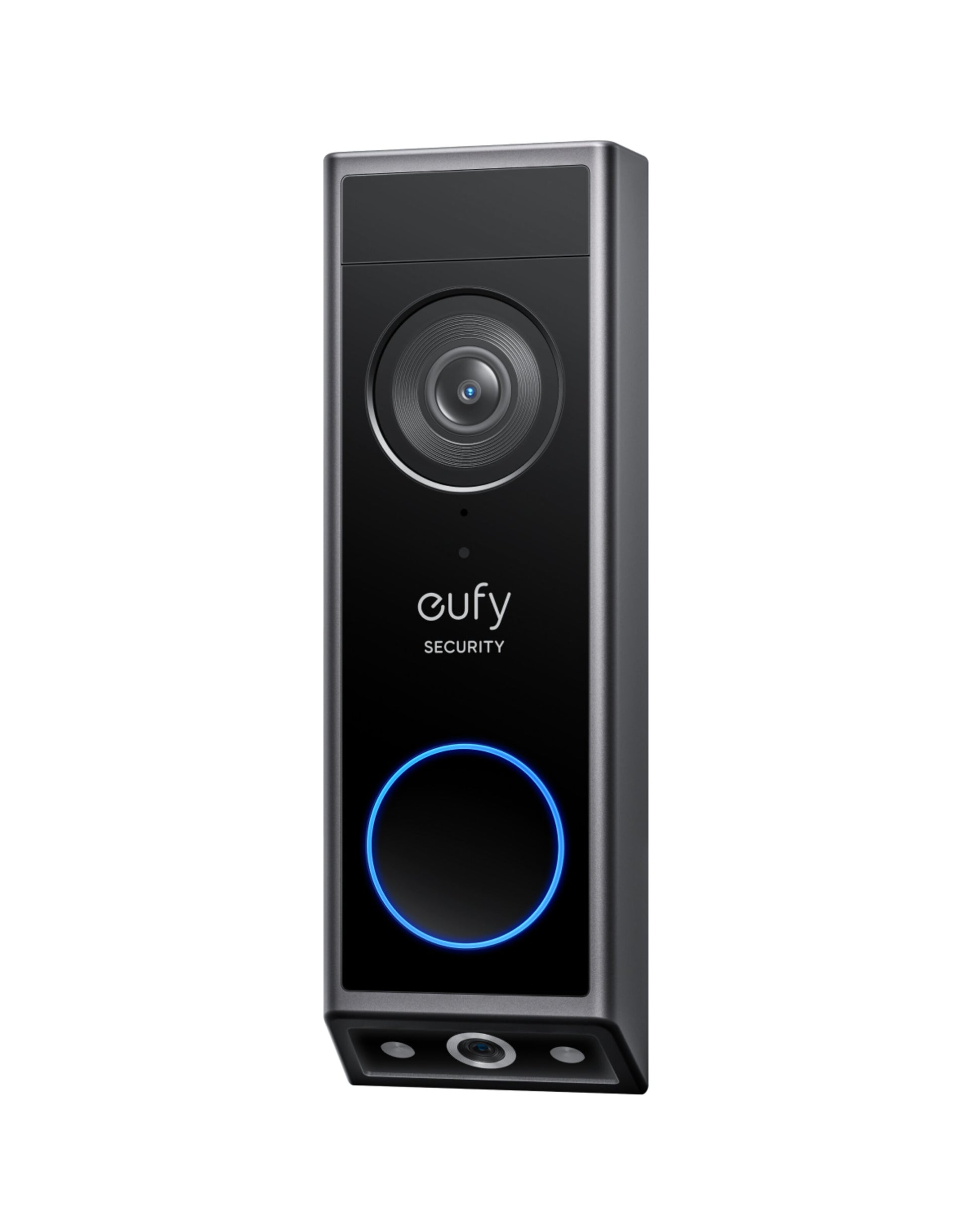 Eufy E340 Dørklokkesæt sort videodørklokke med AI-genkendelse, topkamera, Eufy Security-logo og blå belyst knap nederst.