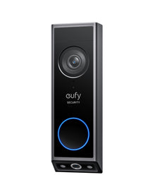 Eufy E340 Dørklokkesæt sort videodørklokke med AI-genkendelse, topkamera, Eufy Security-logo og blå belyst knap nederst.