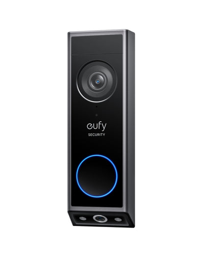 Eufy E340 Dørklokkesæt sort videodørklokke med AI-genkendelse, topkamera, Eufy Security-logo og blå belyst knap nederst.