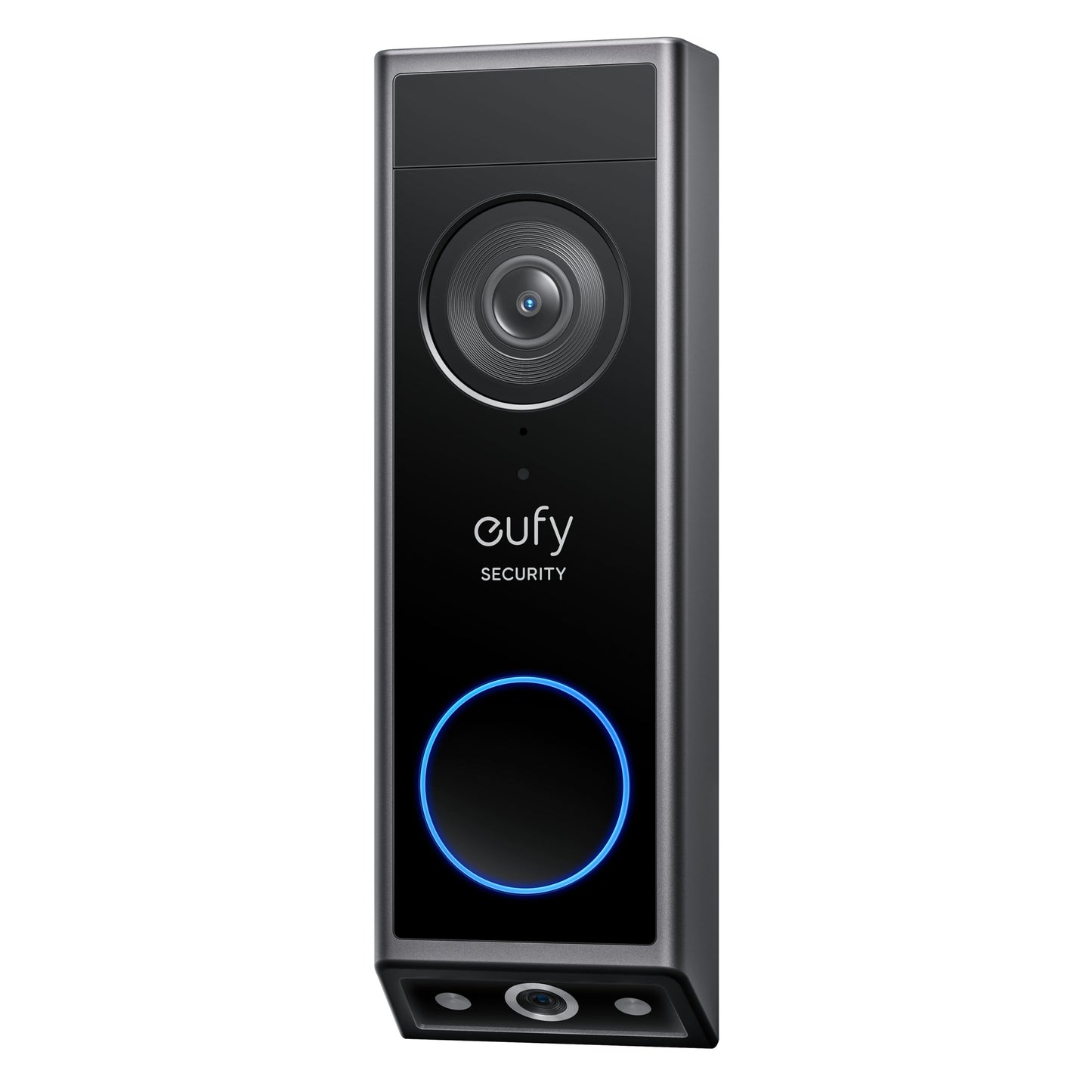 Eufy Video dørklokke 2K med to kameraer, sort, bred kameralinse øverst, blå LED-ring-knap, trådløs.