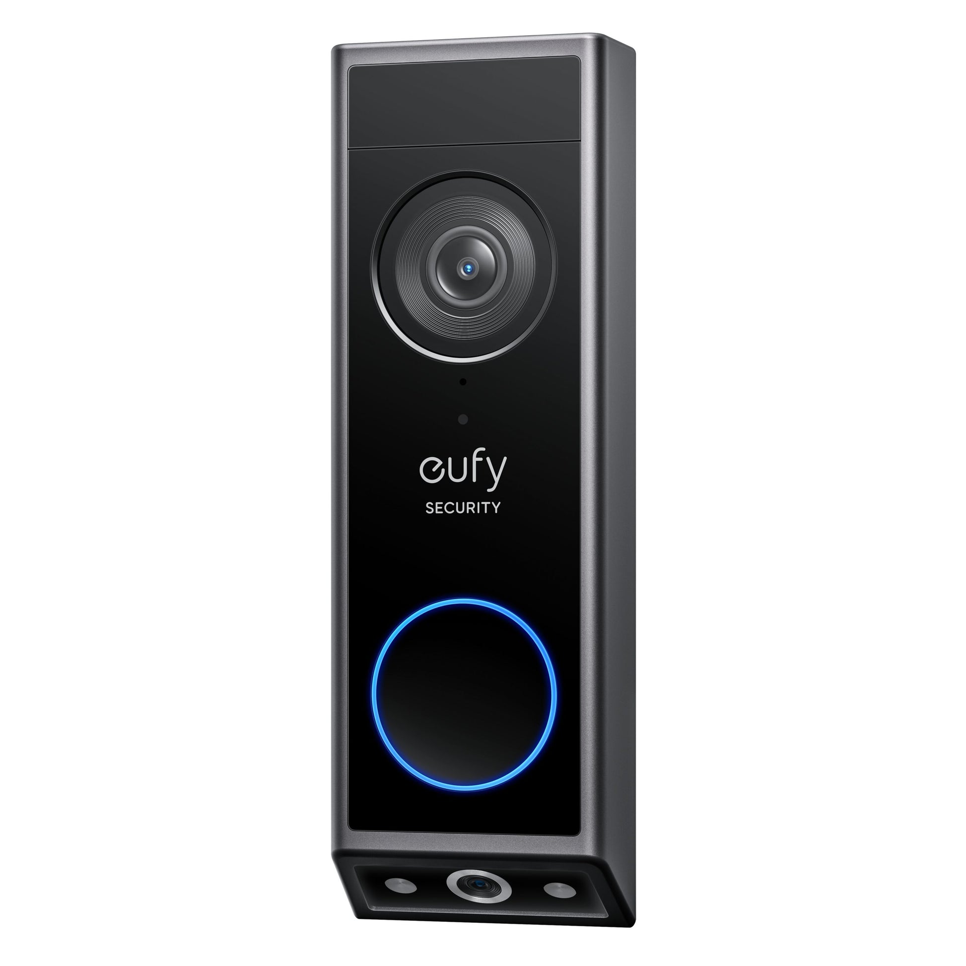 Eufy Video dørklokke 2K med to kameraer, sort, bred kameralinse øverst, blå LED-ring-knap, trådløs.