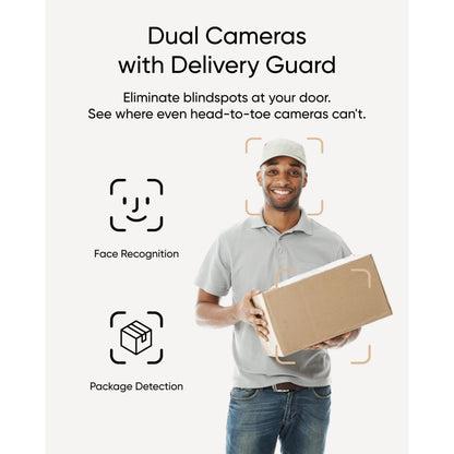 Eufy Video dørklokke 2K med to kameraer, Delivery Guard, ansigtsgenkendelse, overvågning ved indgangsdør, funktionsikoner.