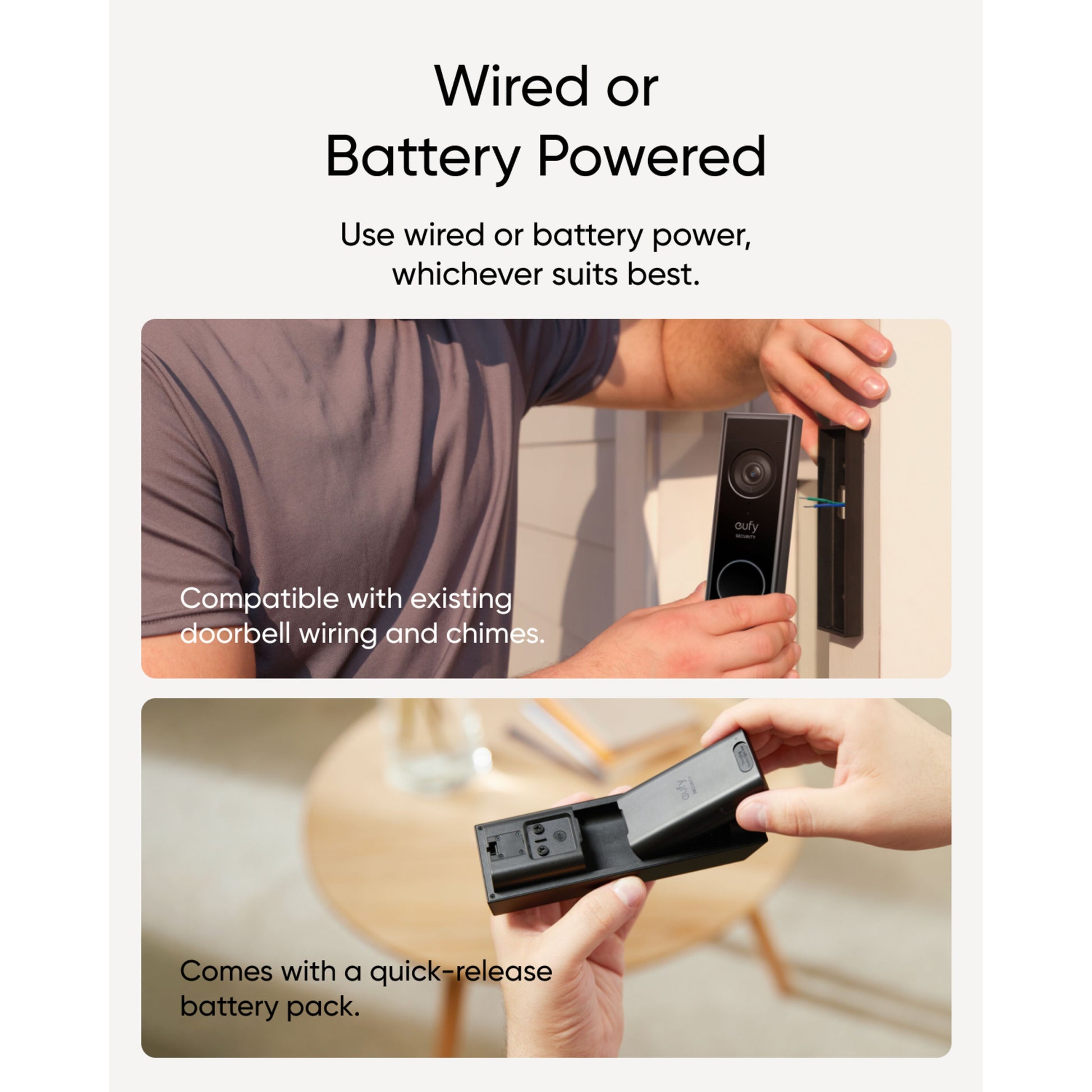 Eufy Video dørklokke 2K med to kameraer monteres på væg, indsættelse af batteripakke, passer til trådløs eller ledningsstrøm.