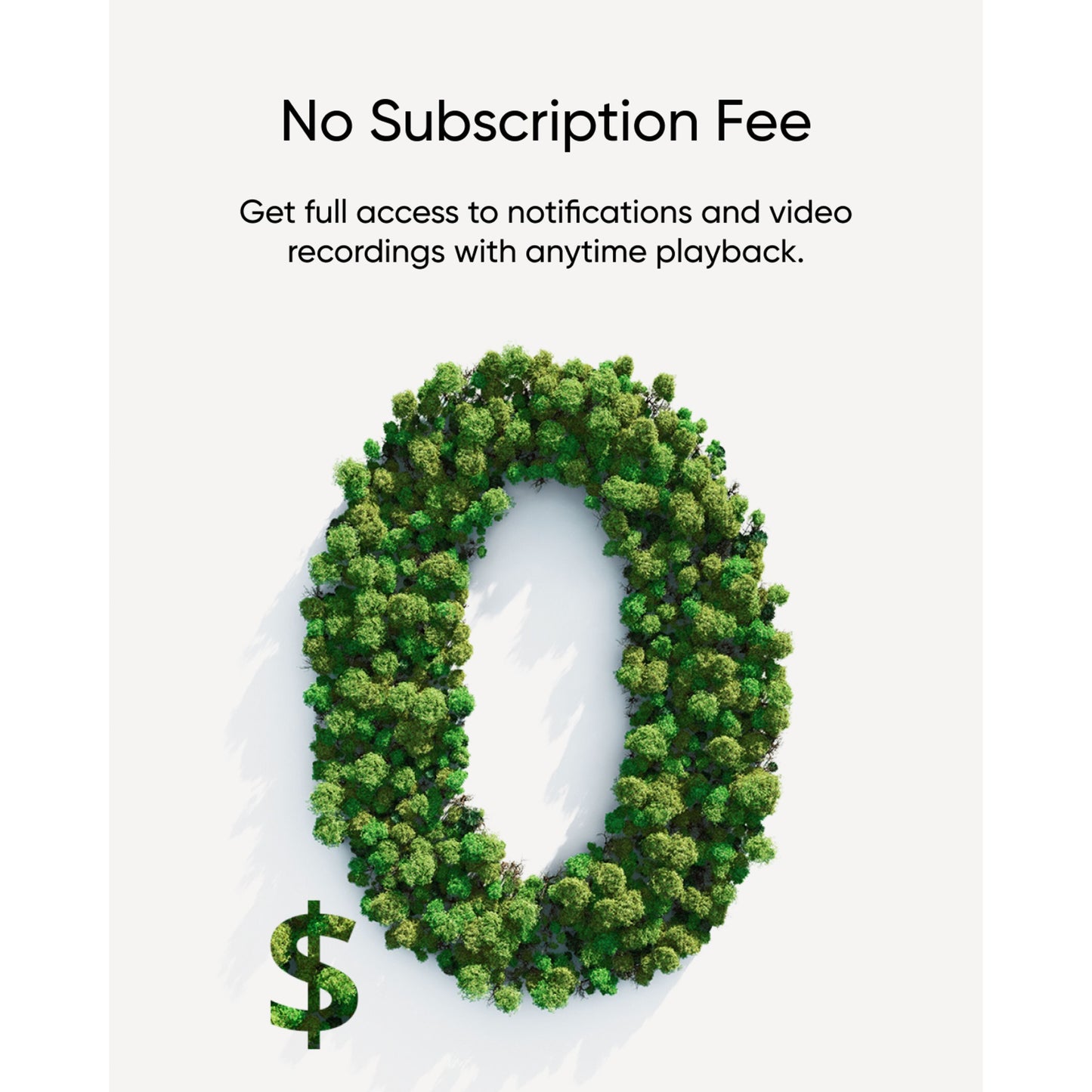 Grønt nul og dollartegn, tekst: Intet abonnementsgebyr. Fulde notifikationer og videooptagelser til Video dørklokke 2K med to kameraer.