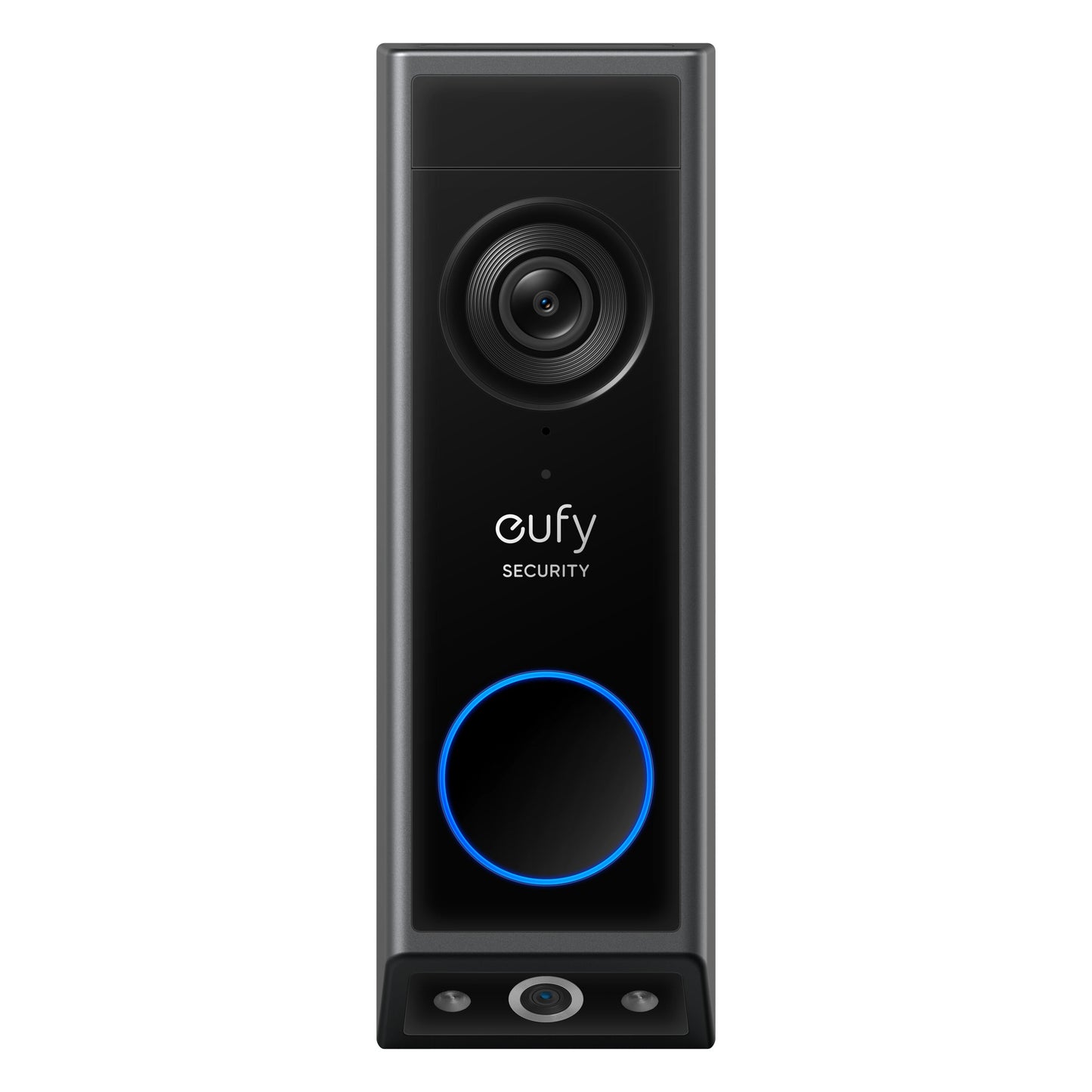 Eufy Video dørklokke 2K sort med to kameraer, stort topkamera, Eufy-logo i midten og blå belyst ringetoneknap.