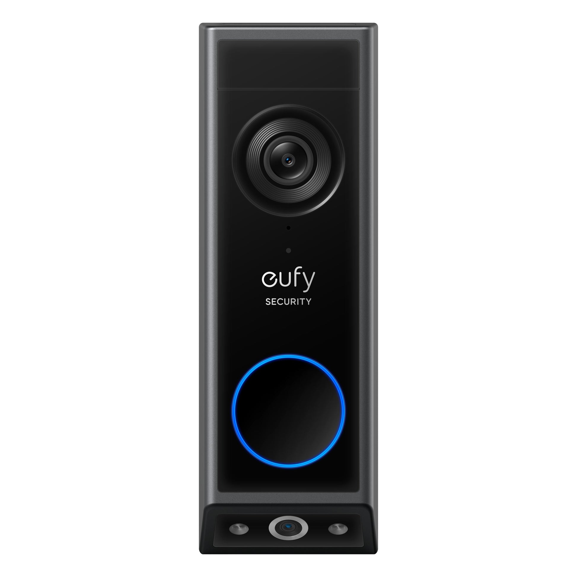 Eufy Video dørklokke 2K sort med to kameraer, stort topkamera, Eufy-logo i midten og blå belyst ringetoneknap.