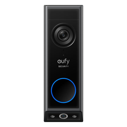 Eufy Video dørklokke 2K sort med to kameraer, stort topkamera, Eufy-logo i midten og blå belyst ringetoneknap.