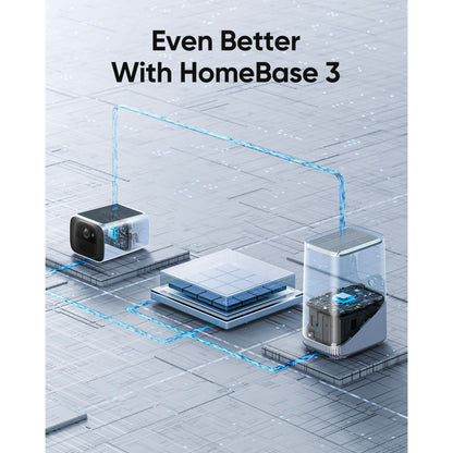 Eufy SoloCam S220 overvågningskameraer og HomeBase 3 forbundet med blå datalinjer, tekst: Endnu bedre med HomeBase 3.