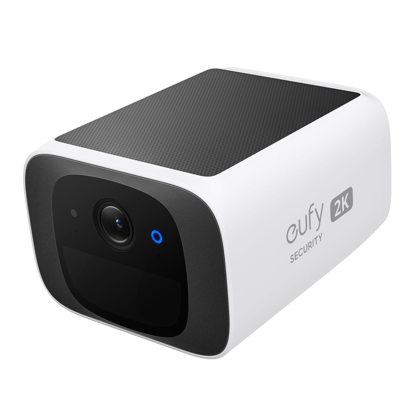 Eufy SoloCam S220 overvågningskamera 2-pak trådløs, hvid/sort, synlig linse, indikatorlys, 2K-opløsning på siden.
