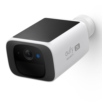 Eufy SoloCam S220 trådløst solcelledrevet overvågningskamera 1-pakke med bred synsvinkel og blå LED-indikator.