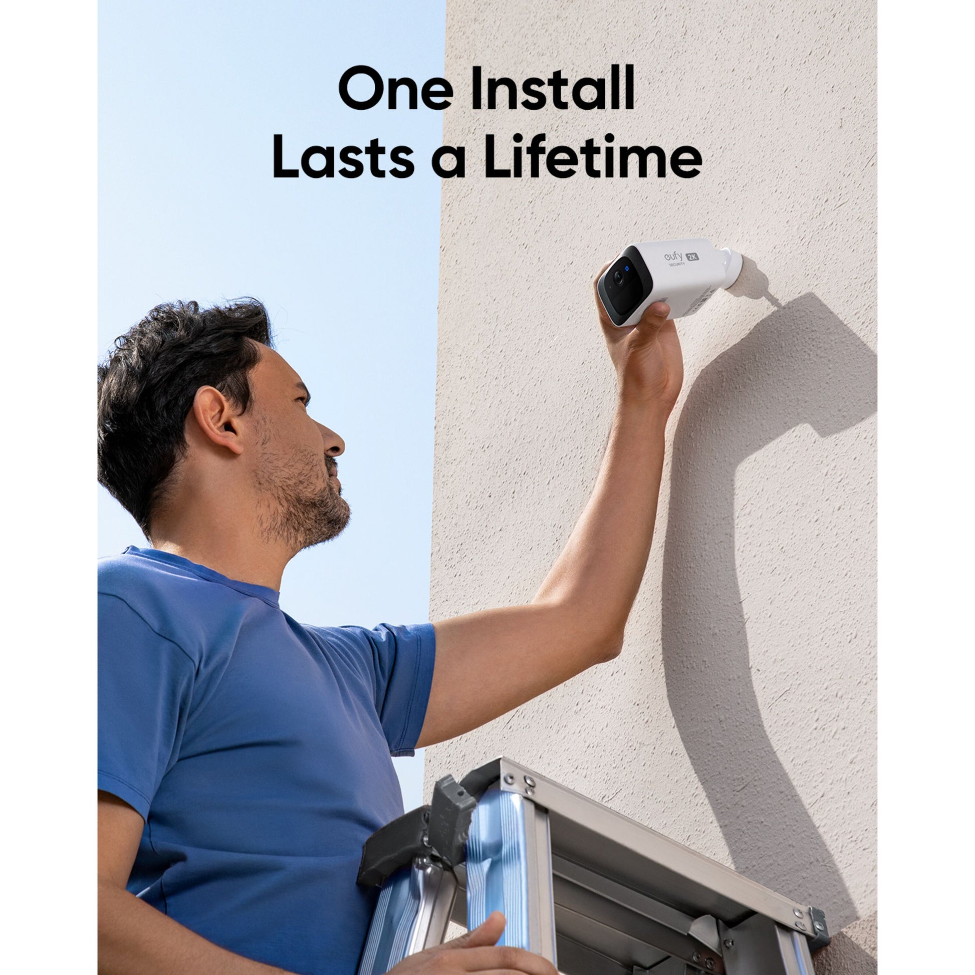 Eufy SoloCam S220 overvågningskamera 1-pakke installeres udendørs på væg, tekst: En installation holder hele livet.