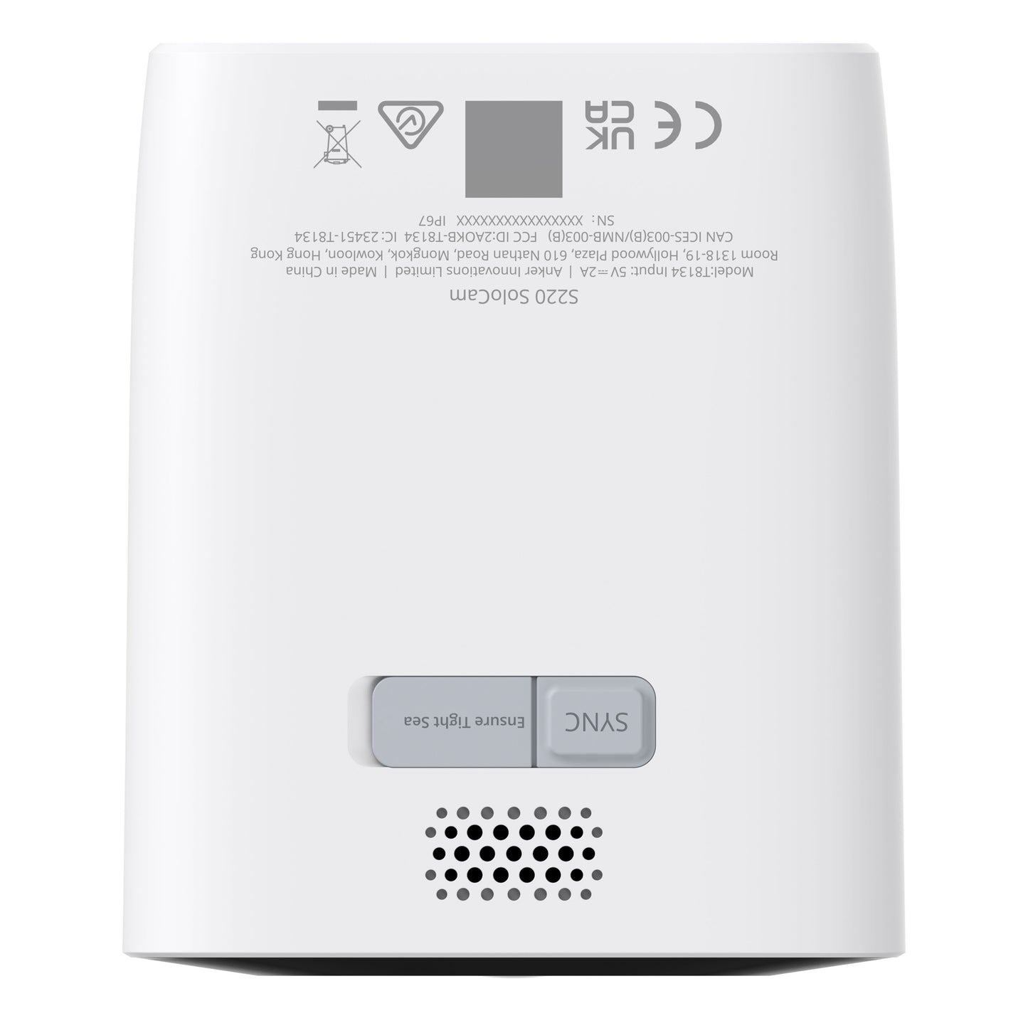 Eufy SoloCam S220 overvågningskamera 1-pakke bagfra med certifikatlogoer, serienummer, ventil, SYNC- og reset-knapper.