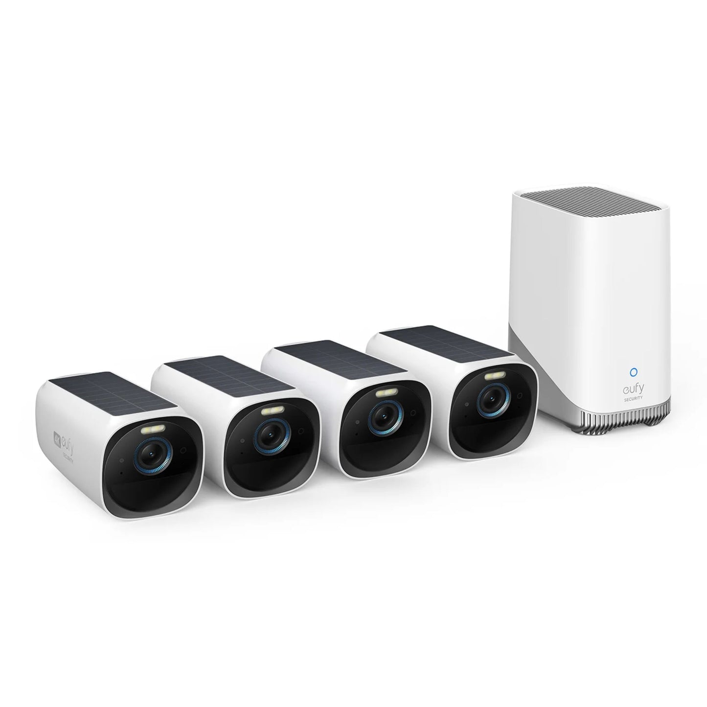 Eufy EufyCam 3 kit med solpanel, fire hvide kameraer med sorte fronter, hvid basestation med Eufy-logo og blåt lys.
