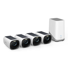 Eufy EufyCam 3 kit med solpanel, fire hvide kameraer med sorte fronter, hvid basestation med Eufy-logo og blåt lys.
