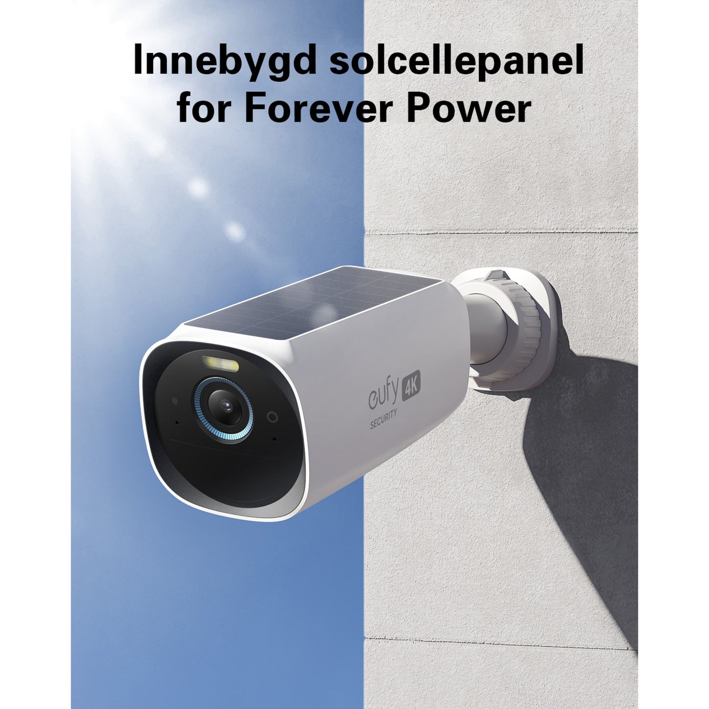 Eufy EufyCam 3 hvidt kamerasæt m. 4 kameraer og solpanel, trådløs vægmontering, tekst: Innebygd solcellepanel for Forever Power.
