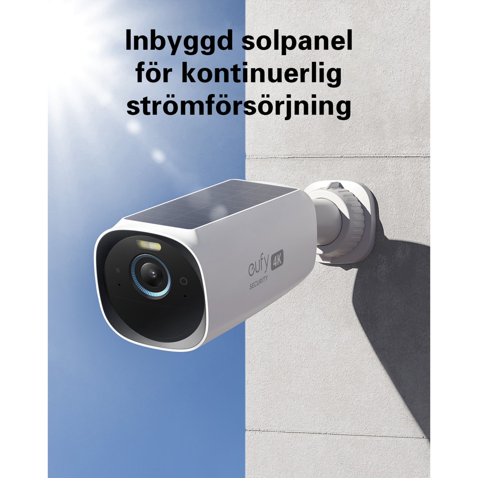 Eufy EufyCam 3 kit med solpanel 4 vægmonterede kameraer trådløs 4K overvågning kontinuerlig strøm fra solpanel.