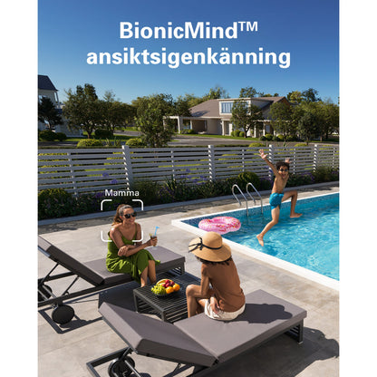 Eufy EufyCam 3 kit med solpanel, 4 kameraer, BionicMind ansigtsgenkendelse vises i brugerflade over poolscene.