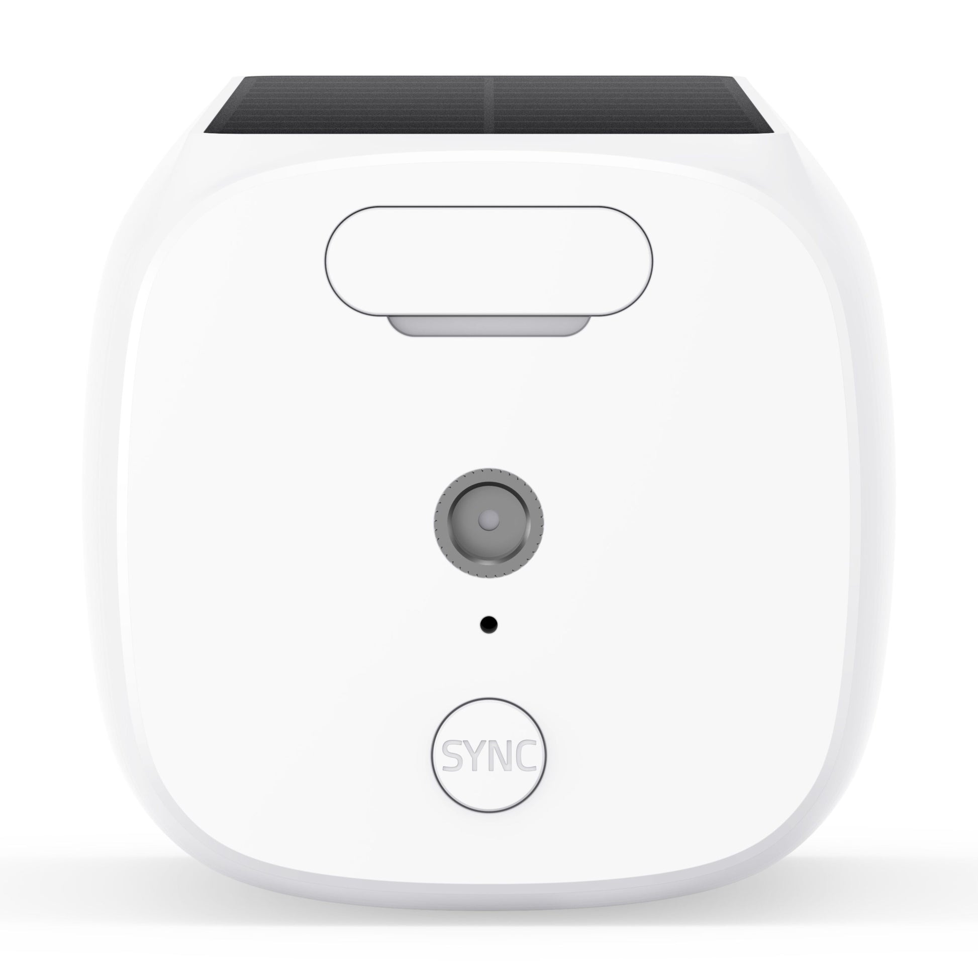 Eufy EufyCam 3 kit solpanel, 4 hvide firkantede kameraer med centrale linser, sensorer og SYNC-knapper.