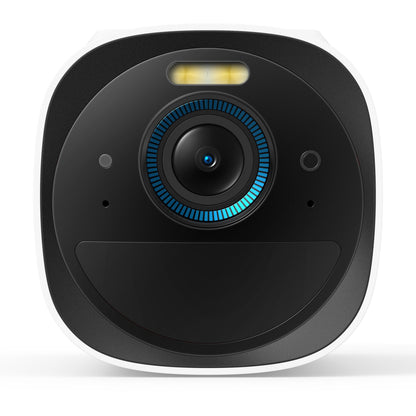Eufy EufyCam 3 kit med solpanel, 4 kameraer, sort/hvidt design, central linse med blå ring og gul indikator.
