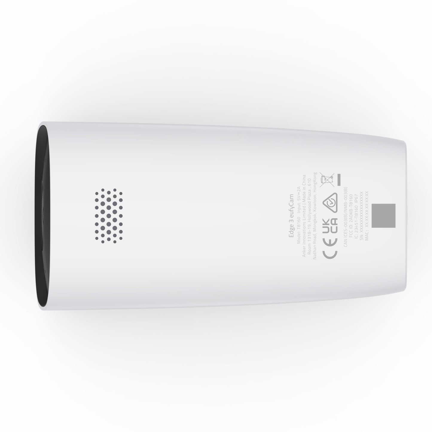 Eufy EufyCam 3 hvidt ovalt kit med solpanel, 4 kameraer set oppefra, lille højttalergitter og regulatorisk tekst.