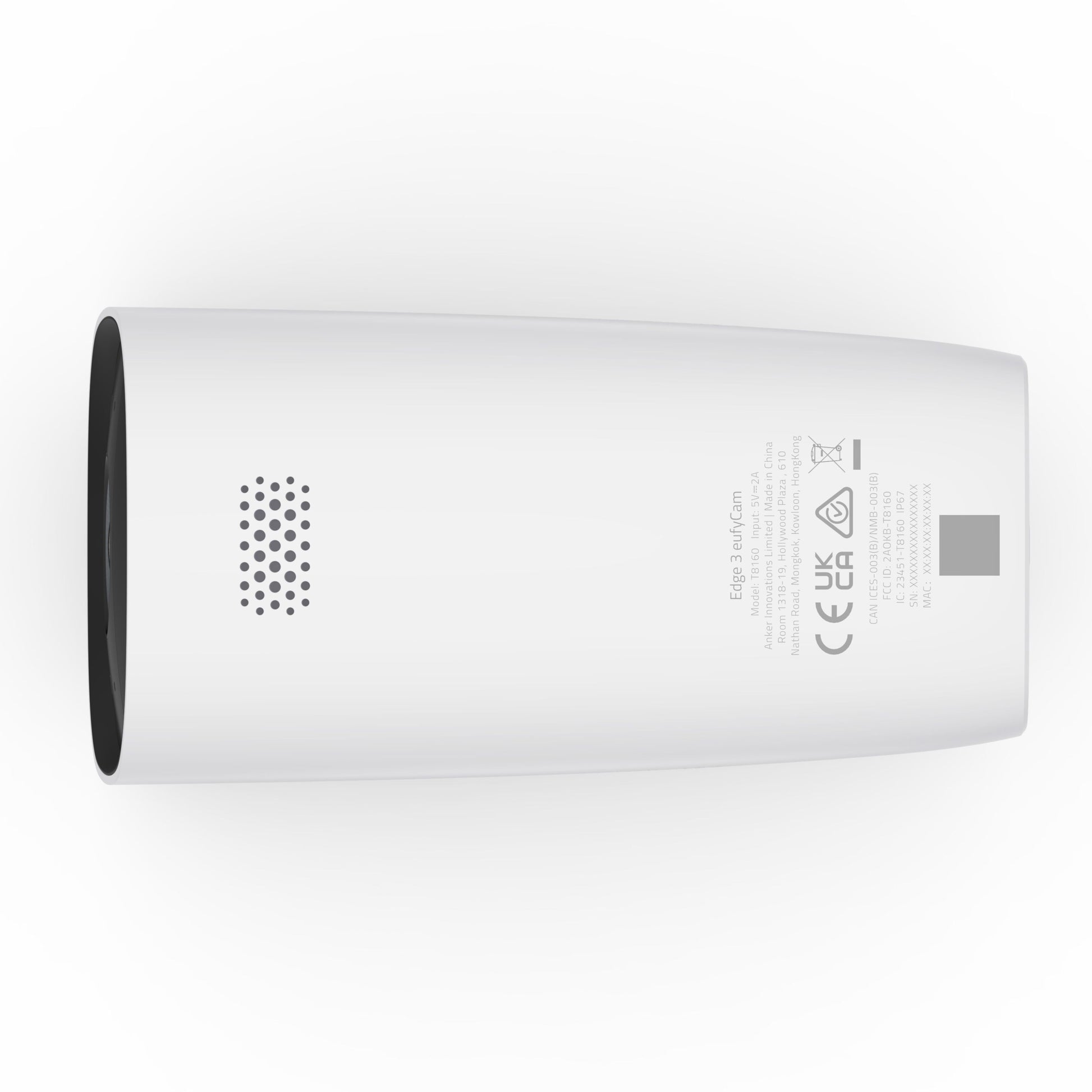 Eufy EufyCam 3 hvidt ovalt kit med solpanel, 4 kameraer set oppefra, lille højttalergitter og regulatorisk tekst.