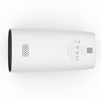 Eufy EufyCam 3 hvidt ovalt kit med solpanel, 4 kameraer set oppefra, lille højttalergitter og regulatorisk tekst.