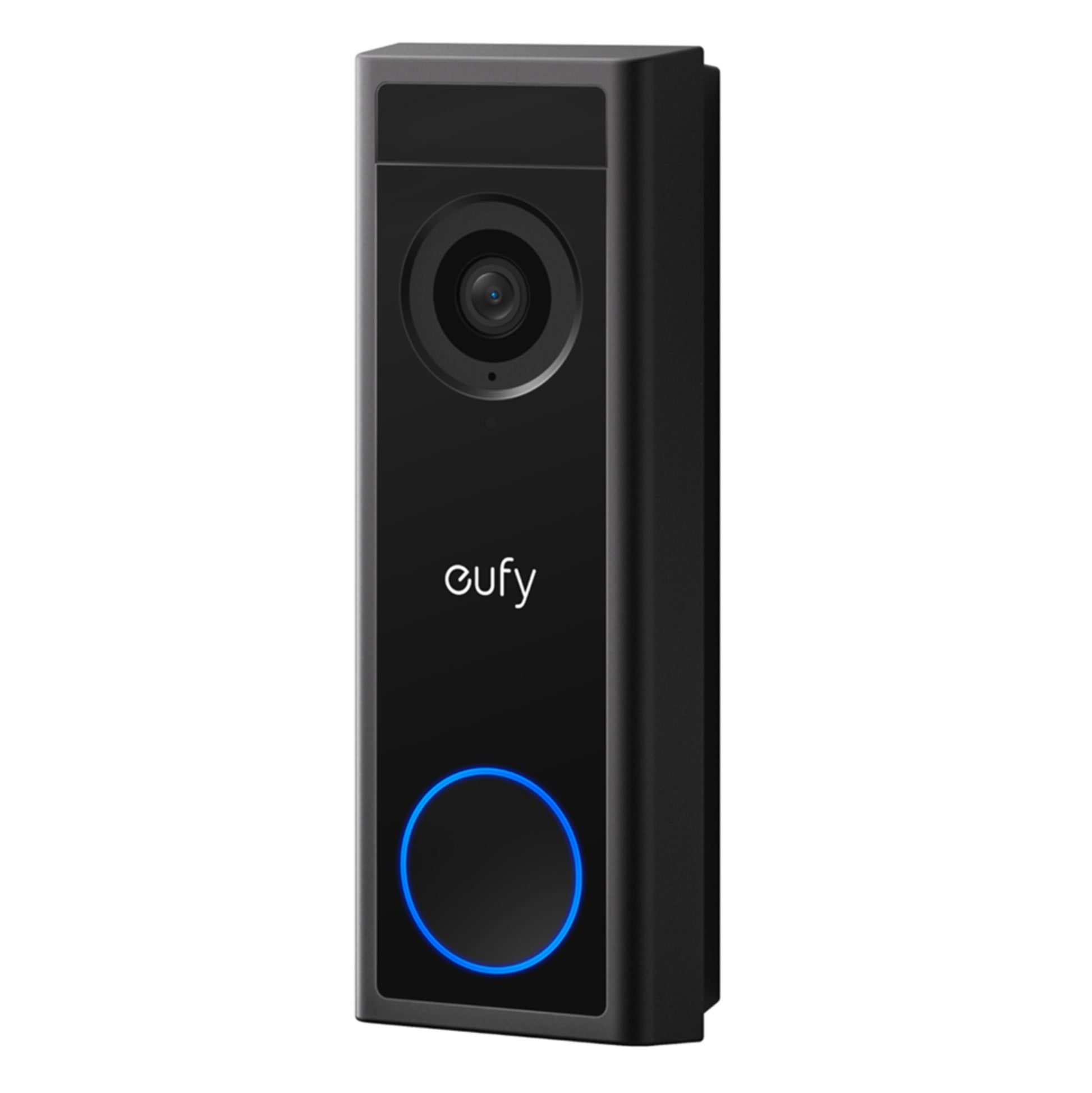Eufy dørklokke C30 batteridrevet med kamera øverst, Eufy-logo midt, cirkulær knap med blå lysring, 2K opløsning.