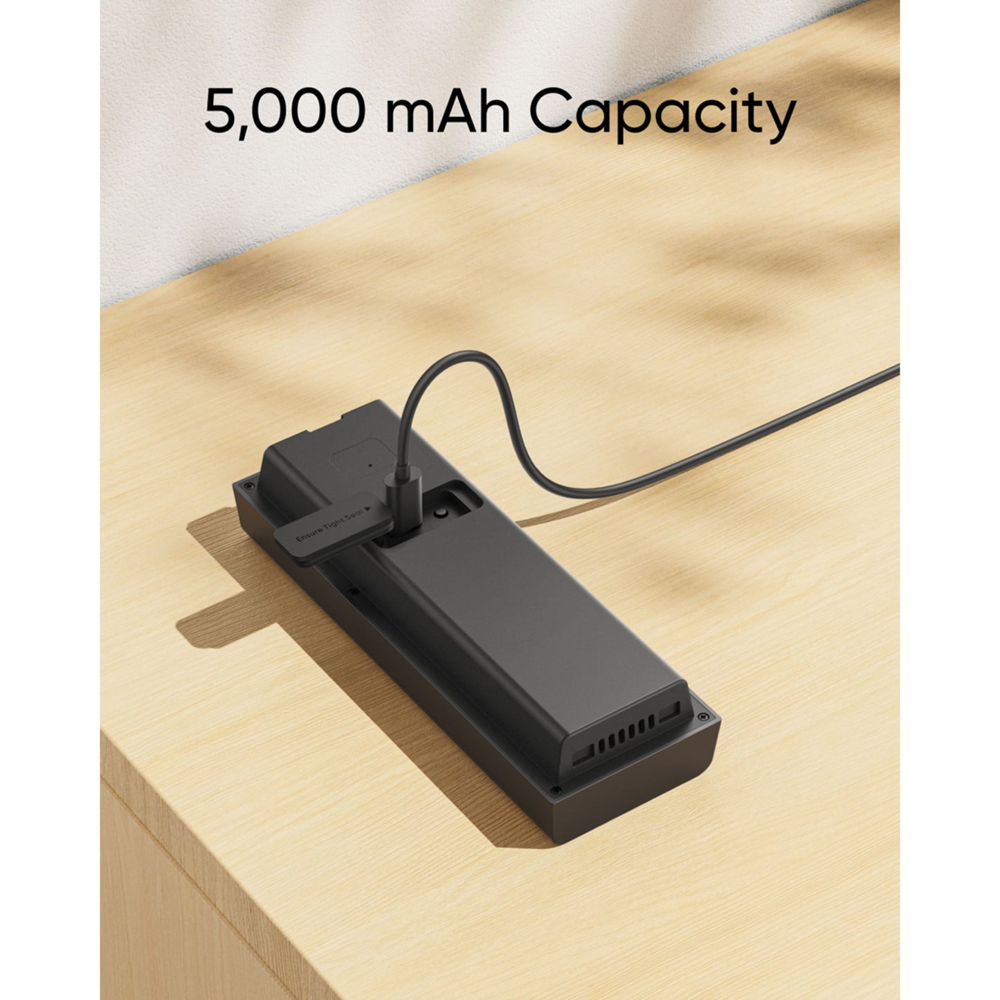 Eufy Video dørklokke C30 sort, rektangulær, kabel tilsluttet, 5000 mAh Capacity vises ovenfor.