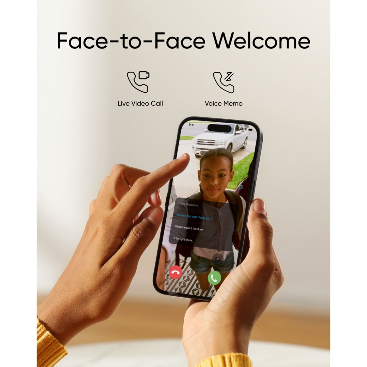 Eufy Video dørklokke C30 live videoopkald på smartphone, 2K-opløsning, Face-to-Face Welcome tekst, Live Call/Voice Memo ikoner.