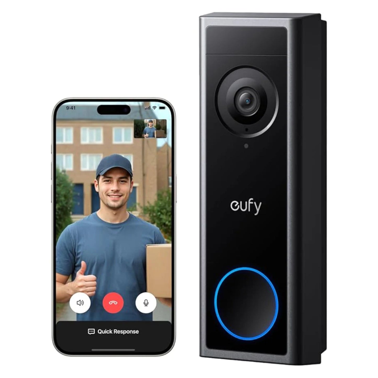 Eufy videodørklokke C30 med kamera og blå lysring ved siden af smartphone med videoopkald fra leveringsperson.