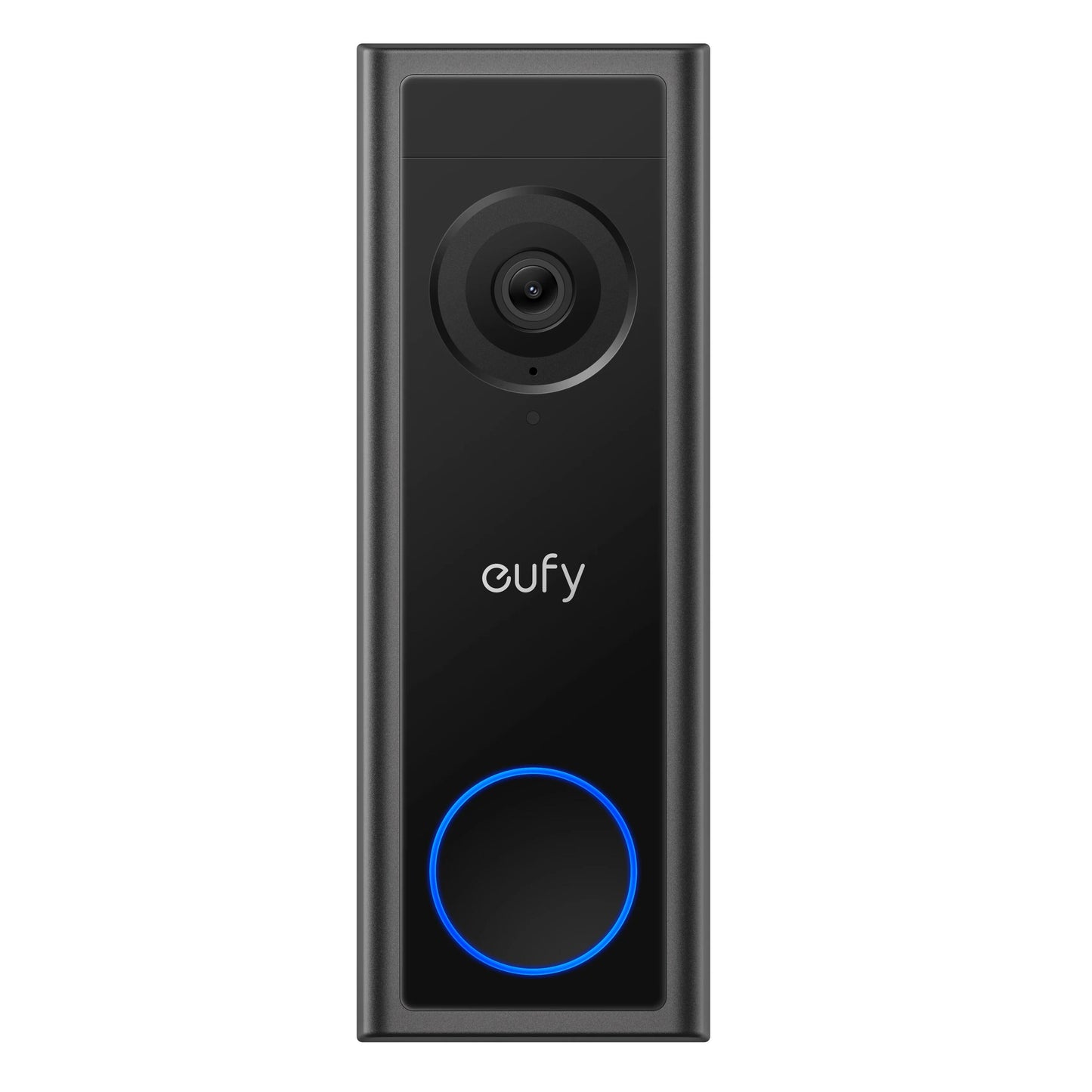 Eufy Video dørklokke C30 sort 2K, kamera øverst, Eufy-logo midt, rund knap med blå LED nederst.