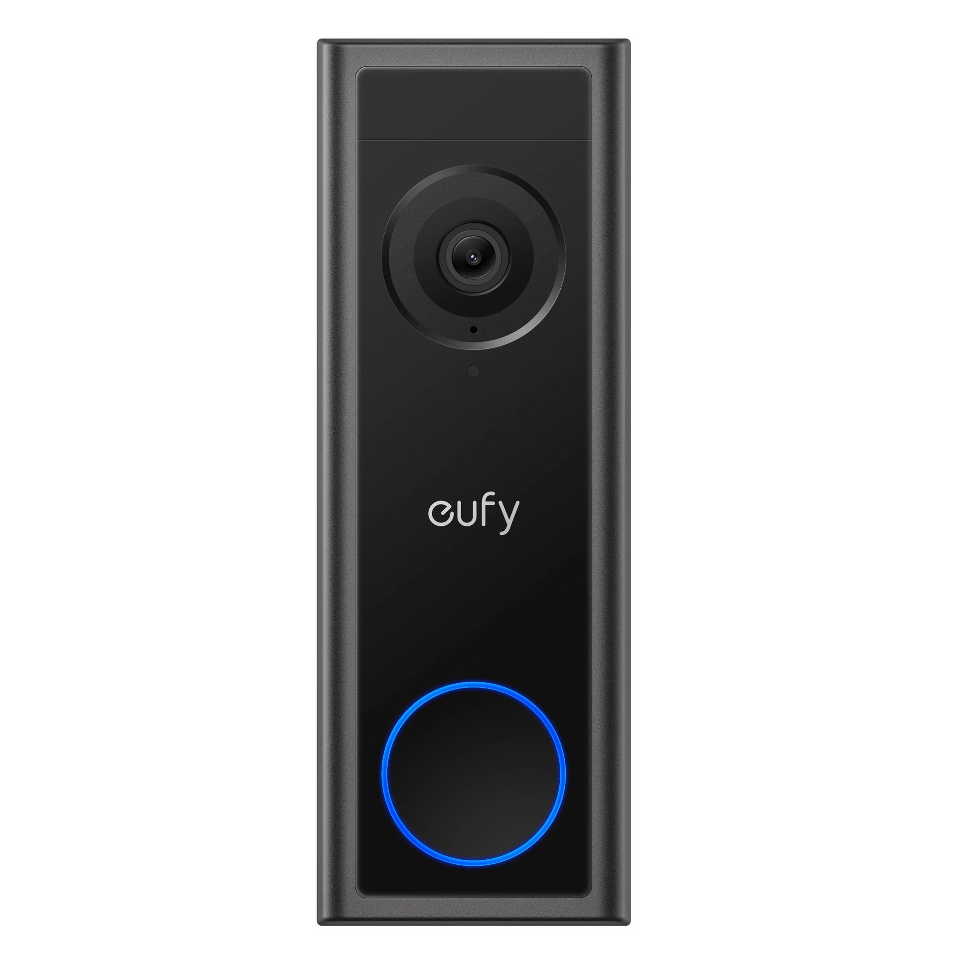 Eufy Video dørklokke C30 sort 2K, kamera øverst, Eufy-logo midt, rund knap med blå LED nederst.