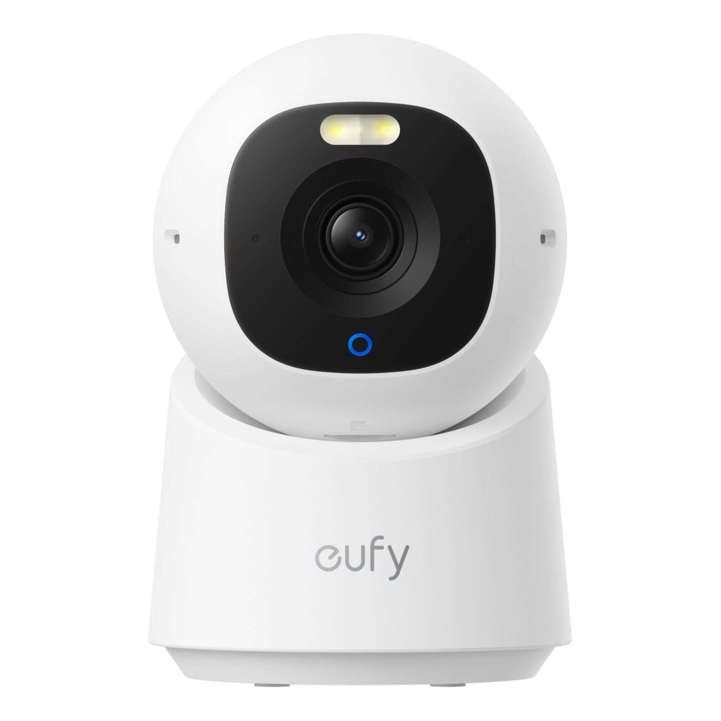 Eufy E30 indendørs 4K trådløst overvågningskamera med 360° panorering, rundt objektiv, blå ringindikator, hvid base.