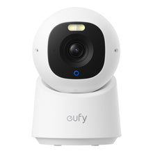 Eufy E30 indendørs 4K trådløst overvågningskamera med 360° panorering, rundt objektiv, blå ringindikator, hvid base.