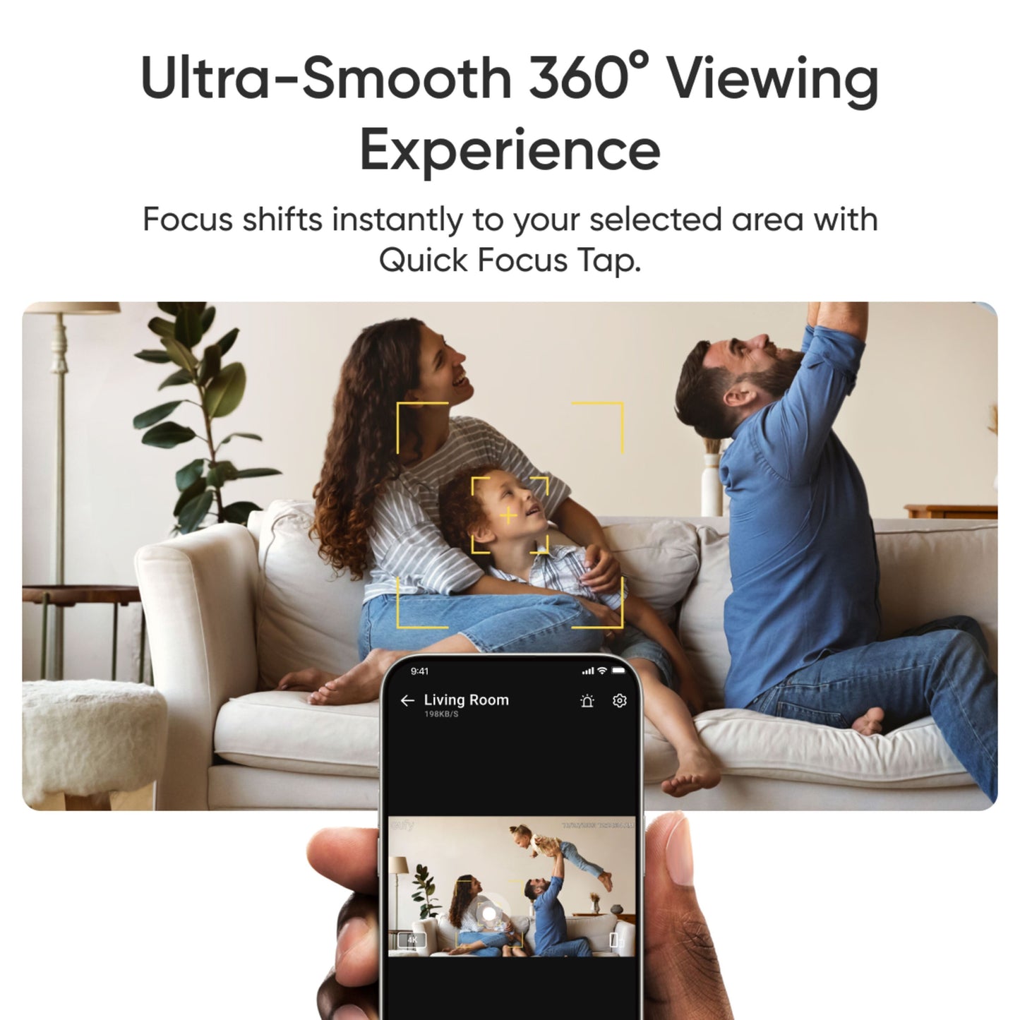 Eufy Indendørs kamera E30 trådløs overvågningskamera 4K, live-feed vist på telefon, 360° panorering og fokus vises.