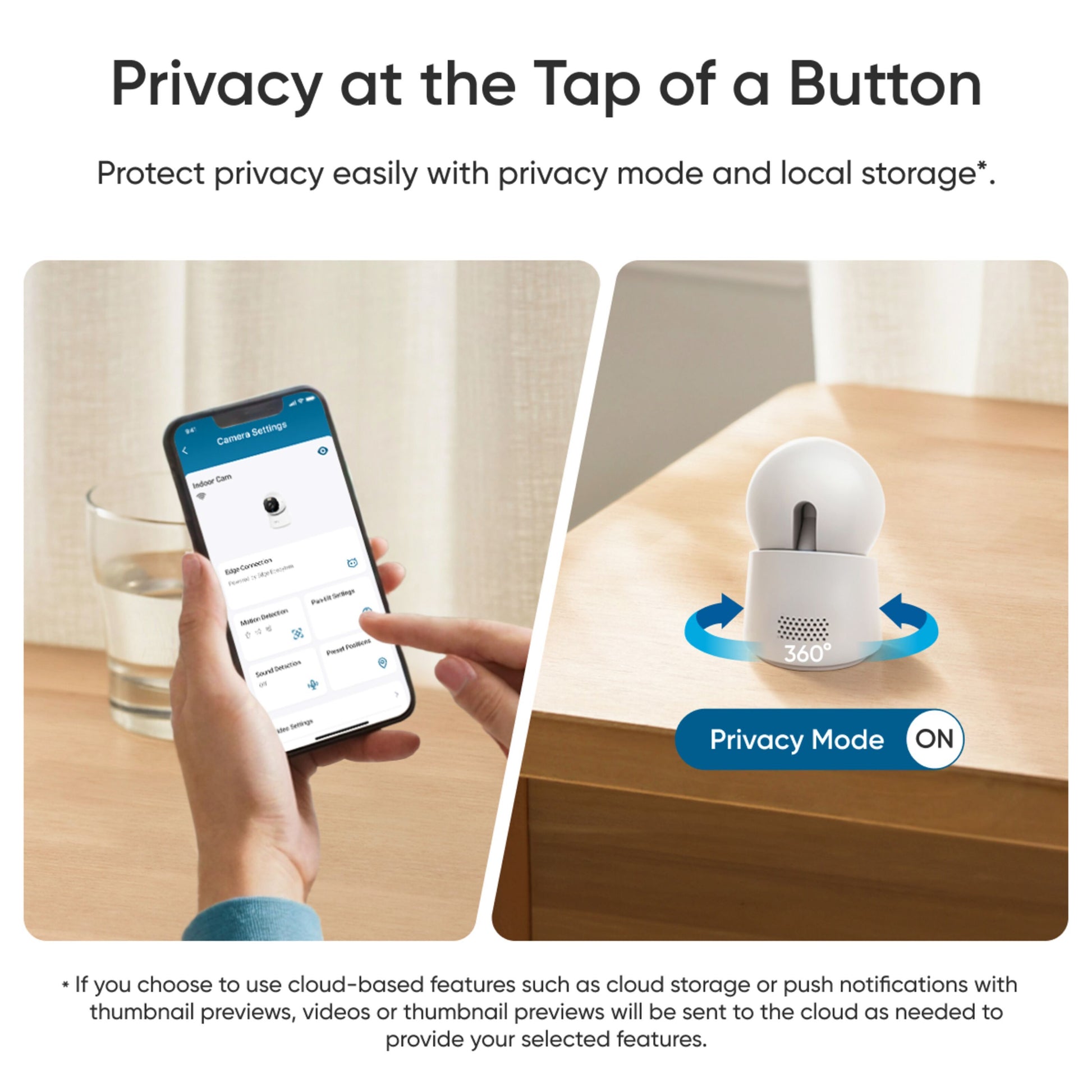 Eufy Indendørs kamera E30 Trådløs overvågningskamera 4K hvid, "Privacy Mode ON" og 360° ikon synligt på skærm.