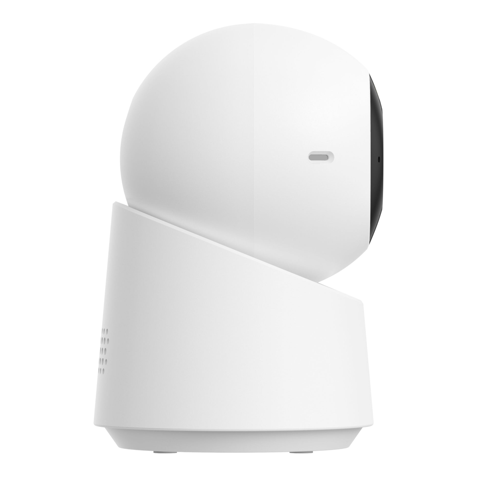 Eufy E30 indendørs trådløst overvågningskamera 4K, hvid dome med sort linsefelt, sidevisning, 360° panorering.