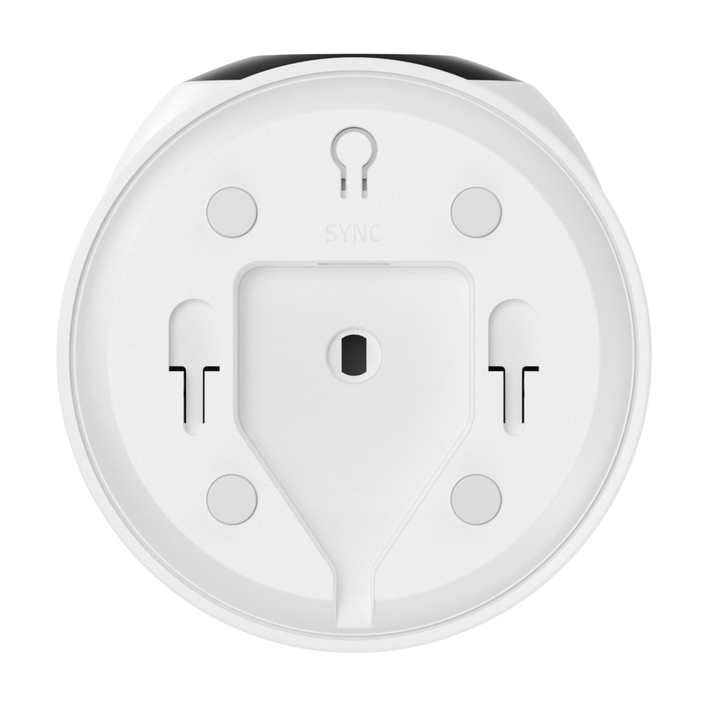 Eufy Indendørs kamera E30 Trådløs 4K, bagside med monteringsspor, fire runde gummipuder, SYNC-tekst, 360° panorering.