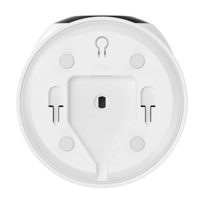 Eufy Indendørs kamera E30 Trådløs 4K, bagside med monteringsspor, fire runde gummipuder, SYNC-tekst, 360° panorering.