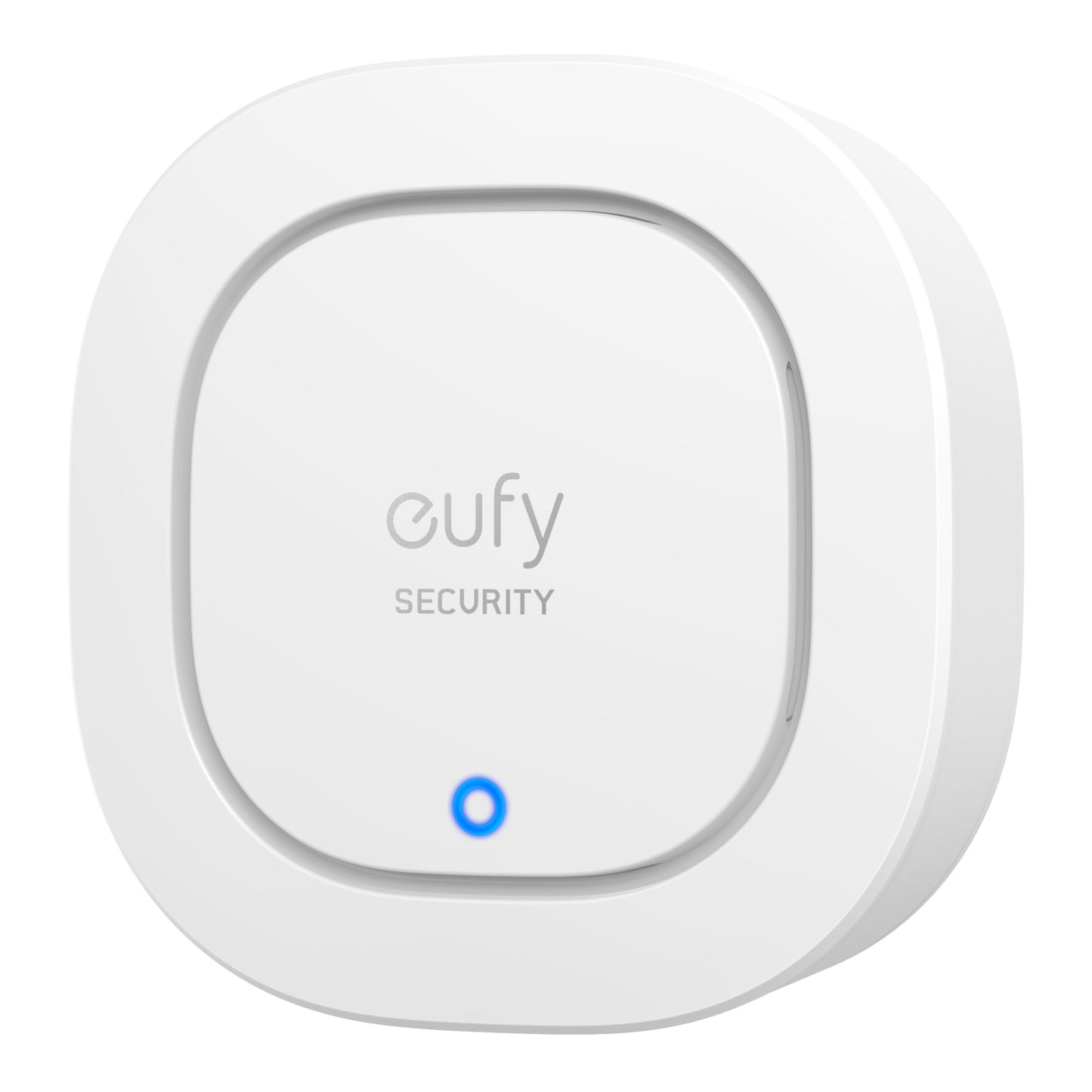 Eufy Sikkerhedsalarm hvid firkantet alarm med afrundede kanter, blå indikatorlys bund, grå "eufy SECURITY" logo midt.