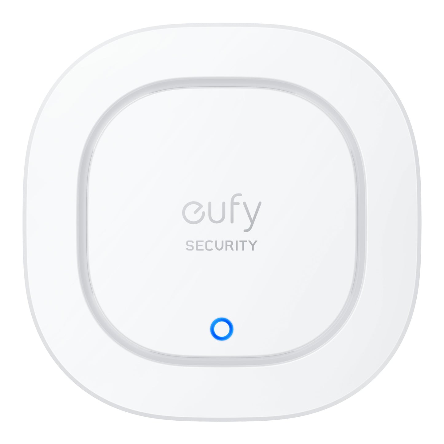Eufy Sikkerhedsalarm hvid kvadratisk enhed med afrundede kanter, Eufy SECURITY-logo centralt og blå LED-ring nederst.