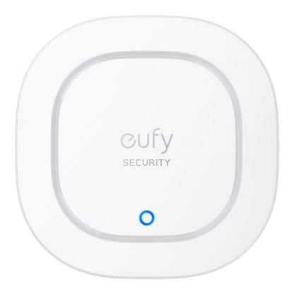 Eufy Sikkerhedsalarm hvid kvadratisk enhed med afrundede kanter, Eufy SECURITY-logo centralt og blå LED-ring nederst.