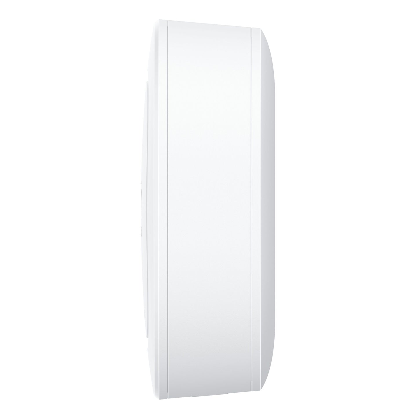 Eufy Sikkerhedsalarm sideview, hvid, glat afrundet rektangulær form med diskrete panellinjer.