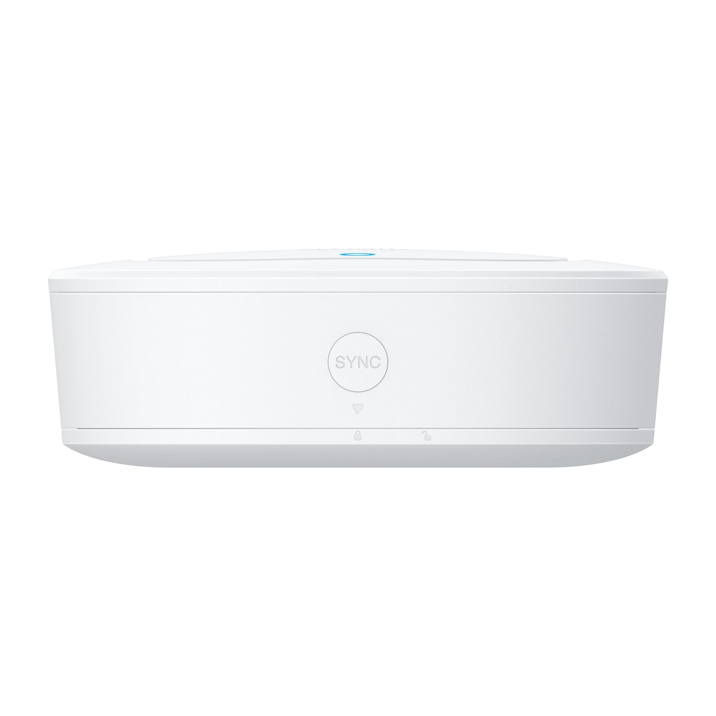 Eufy Sikkerhedsalarm hvid trådløs smart home hub, afrundede kanter, blå LED øverst, SYNC-knap foran.