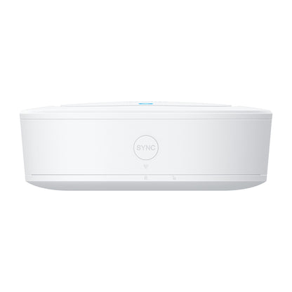 Eufy Sikkerhedsalarm hvid trådløs smart home hub, afrundede kanter, blå LED øverst, SYNC-knap foran.