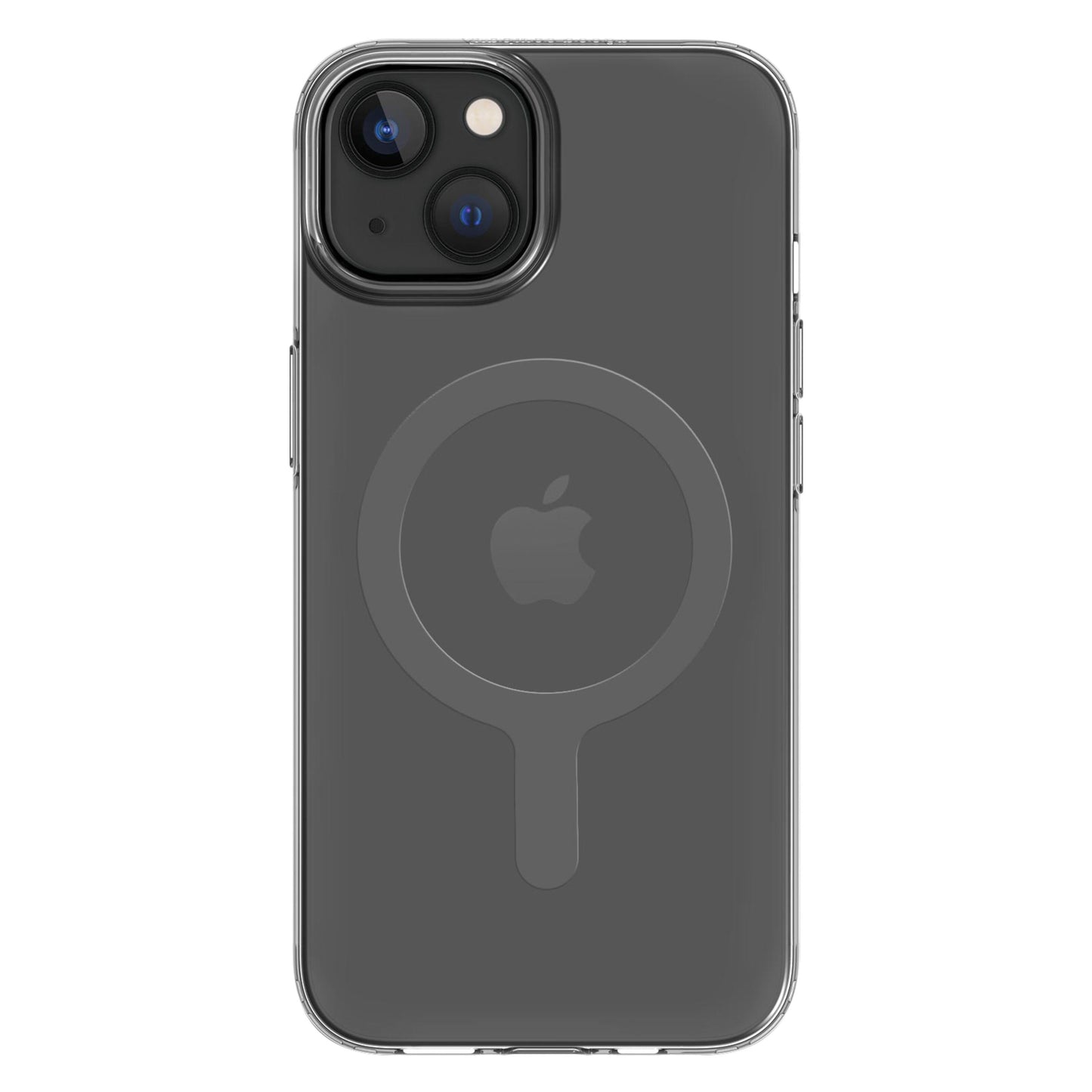 A Good Company biobaseret klart iPhone 13/14 cover med synlig cirkulær MagSafe-kant og centreret Apple-logo.