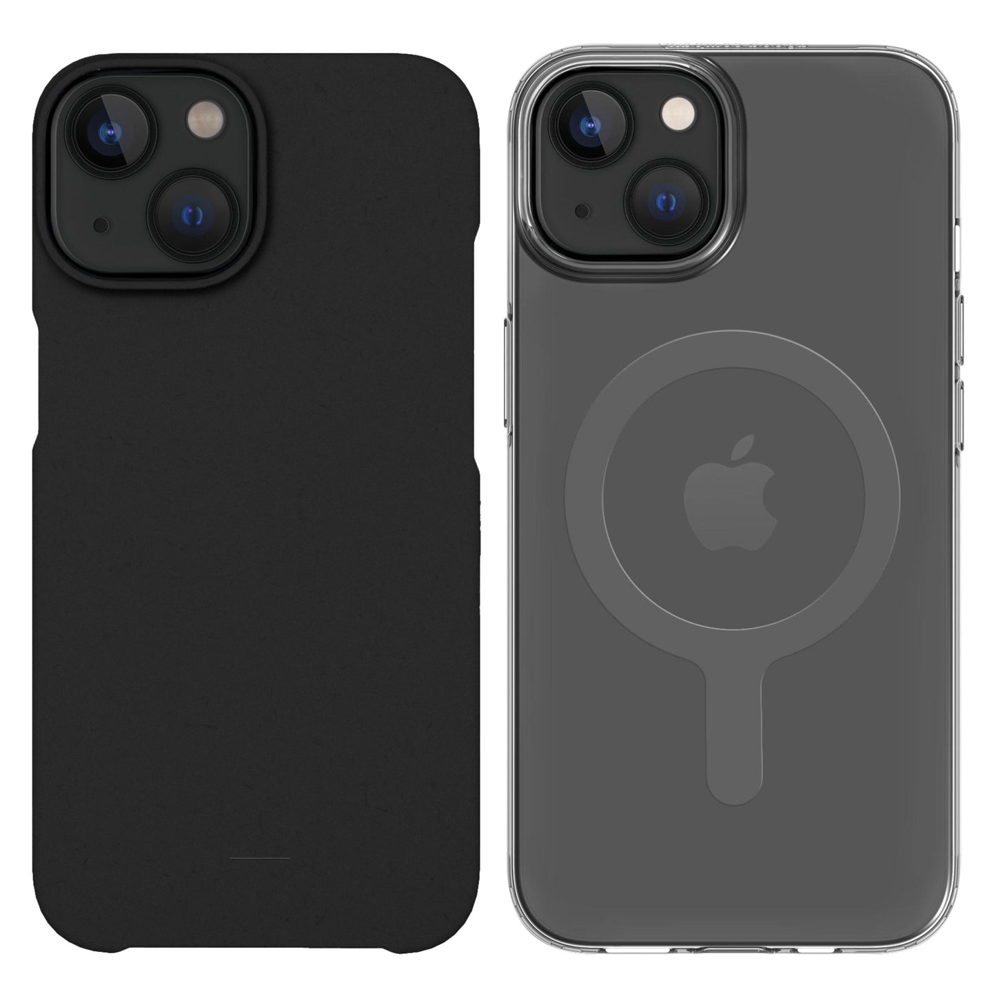 IPhone med sort cover ved siden af iPhone 13/14 klar cover med synligt Apple-logo og MagSafe-ring.