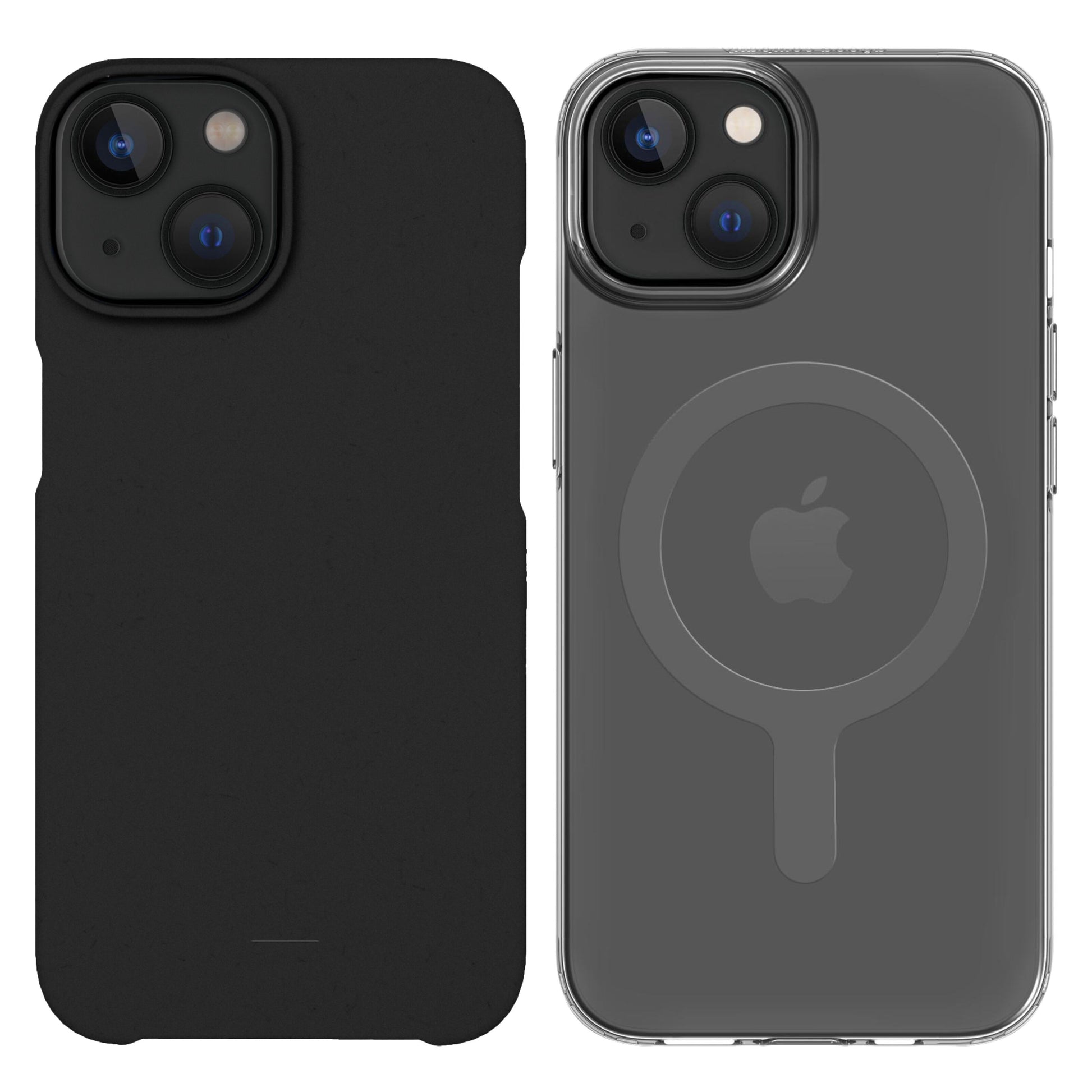 IPhone med sort cover ved siden af iPhone 13/14 klar cover med synligt Apple-logo og MagSafe-ring.