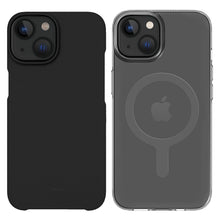 IPhone med sort cover ved siden af iPhone 13/14 klar cover med synligt Apple-logo og MagSafe-ring.